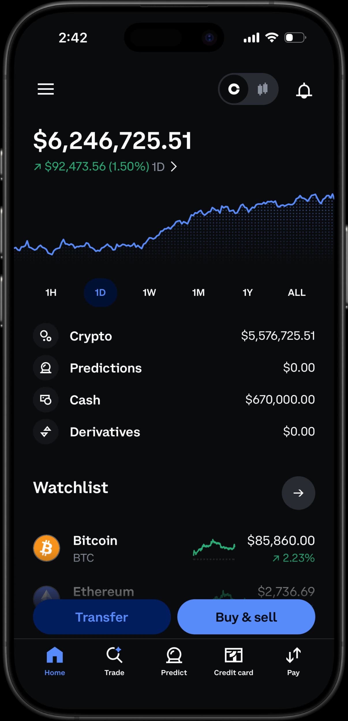 Coinbase simulator showing a sample portfolio, graph, crypto and cash balances